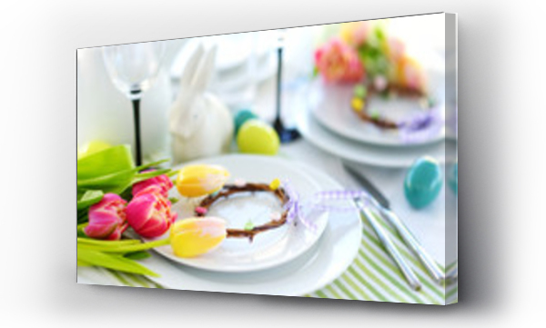 Wizualizacja Obrazu : #257115463 Beautiful table setting with crockery and flowers for Easter celebration.
