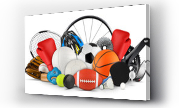 Wizualizacja Obrazu : #257493248 ogromna kolekcja stos towarów sportowych i piłki sprzęt rowerowy koła sprzęt z różnych dyscyplin sportowych izolowane białe tło