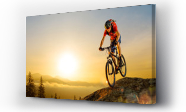 Wizualizacja Obrazu : #260487609 Cyclist in Red Riding the Bike Down the Rock at Sunrise. Extreme Sport and Enduro Biking Concept.