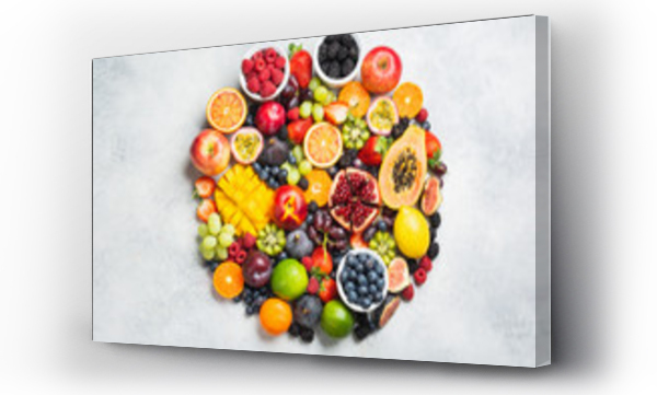 Wizualizacja Obrazu : #260743023 Circle made of healthy raw rainbow fruits, mango papaya strawberries oranges passion fruits berries on oval serving plate on light concrete background, top view, copy space, selective focus