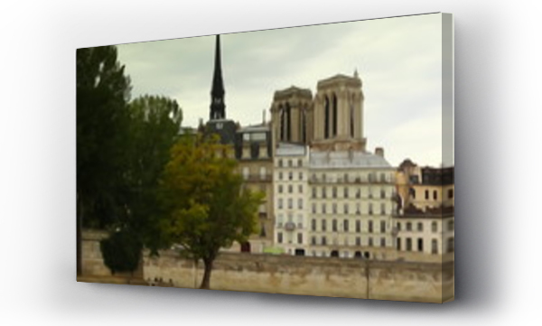 Wizualizacja Obrazu : #262343375 Panorama brzegu Sekwany w Pary?u z widokiem na zabytkowe budynki, za nimi dwie wie?e i iglica katedry Notre Dame na tle zachmurzonego nieba, stylizowany na akwarel?