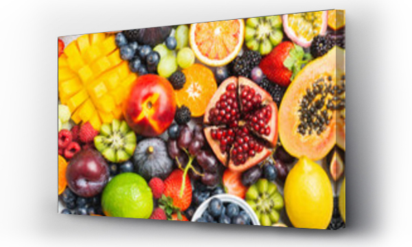 Wizualizacja Obrazu : #263883307 Delicious healthy fruit background mango papaya strawberries oranges passion fruits berries, top view, selective focus