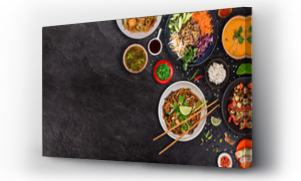 Wizualizacja Obrazu : #264005197 Azjatyckie jedzenie tło z różnych składników na rustykalnym tle kamienia, widok z góry.