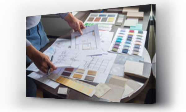 Architekt projektant Wnętrze twórcze pracy ręka rysunek szkic plan niebieski druk wybór materiału kolor próbki sztuki narzędzia Studio Projektowe
