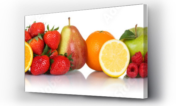 Kolekcja owoców jabłka jabłka pomarańczowe jagody jagody winogrona banner świeże owoce izolowane na białym w rzędzie