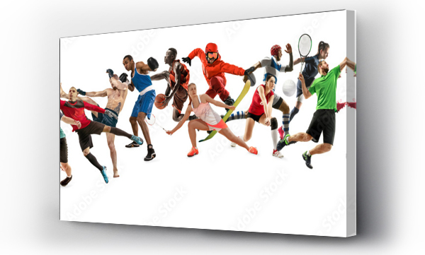 Wizualizacja Obrazu : #268106660 Sport collage. Tennis, running, badminton, soccer and american football, basketball, handball, volleyball, boxing, MMA fighter and rugby players. Fit women and men standing on white background