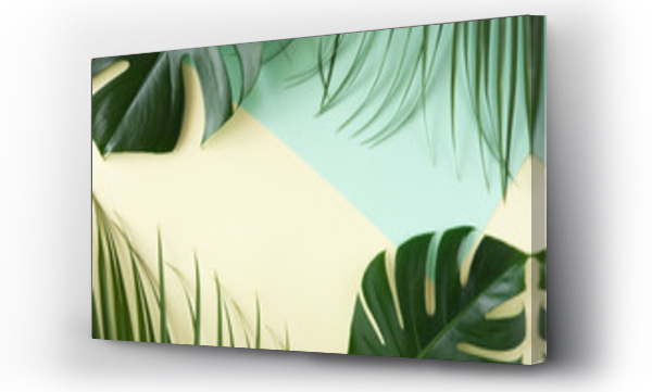 Wizualizacja Obrazu : #268292335 Tropical leaves Monstera on pink background. Flat lay, top view