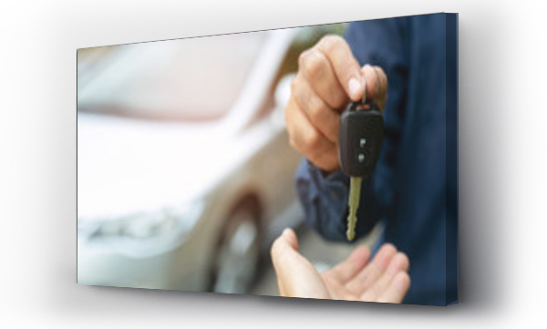 Wizualizacja Obrazu : #269246509 Klucz do samochodu, biznesmen przekazując daje klucz do samochodu do drugiej kobiety na tle samochodu.