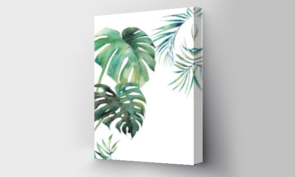 Wizualizacja Obrazu : #270072267 Watercolor tropical leaves poster. Hand painted exotic monstera and palm green branches isolated on white background. Summer plants illustration