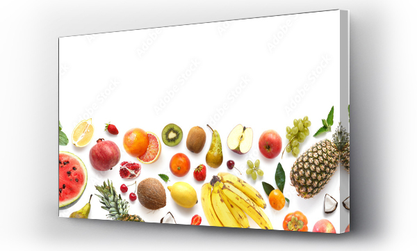 Wizualizacja Obrazu : #270142740 Banner from various fruits isolated on white background, top view, creative flat layout. Concept of healthy eating, food background. Frame of fruits with space for text.