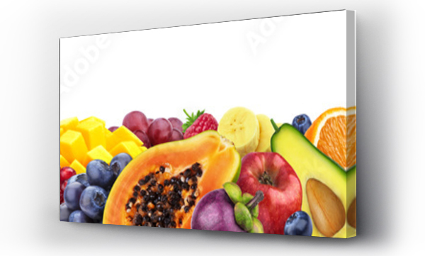 Wizualizacja Obrazu : #270167289 Różne owoce izolowane na białym tle z miejscem na kopię, obramowanie z owoców i jagód