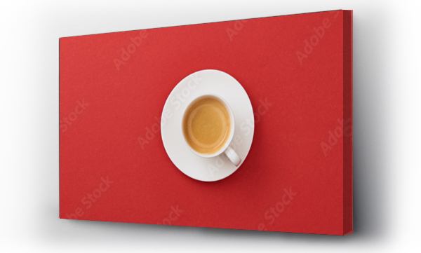 Wizualizacja Obrazu : #271992686 top view of white cup with fresh coffee on saucer on red background, panoramic shot