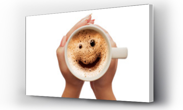 Wizualizacja Obrazu : #272756443 Womens hand holding a cup of coffee smile face frome