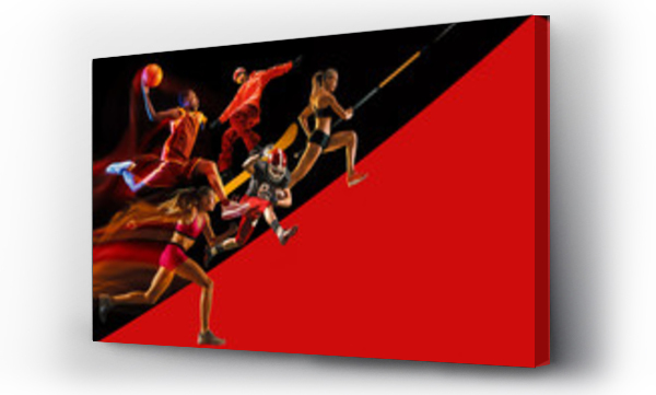 Wizualizacja Obrazu : #280587102 Kreatywny kolaż sportowców w akcji gry. Czarne i czerwone tło. Reklama, sport, zdrowy styl życia, ruch, aktywność, ruch koncepcji. Futbol amerykański, koszykówka, skok o tyczce.