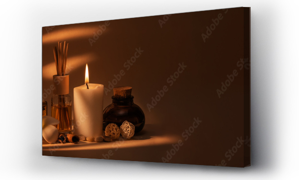 Wizualizacja Obrazu : #280725801 Beautiful spa composition with candles, frangipani flower, oil flasks and other decor elements.