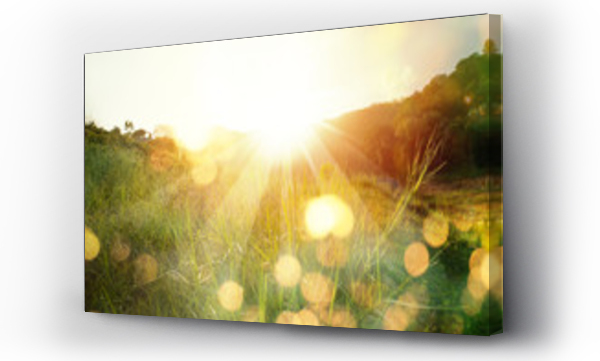 Wizualizacja Obrazu : #284868136 Pi?kny wschód słońca w górach...Łąka odświeżenie krajobrazu z promieniami słońca i złoty bokeh.