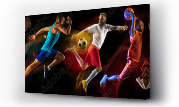 Wizualizacja Obrazu : #284874699 Kreatywny kolaż zdjęć 7 modeli na czarnym tle w mieszanym świetle. Reklama, sport, zdrowy styl życia, ruch, aktywność, ruch pojęcie. Futbol amerykański, piłka nożna, tenis siatkówka koszykówka rugby