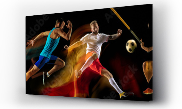 Kreatywny kolaż zdjęć 7 modeli na czarnym tle w mieszanym świetle. Reklama, sport, zdrowy styl życia, ruch, aktywność, ruch pojęcie. Futbol amerykański, piłka nożna, tenis siatkówka koszykówka rugby