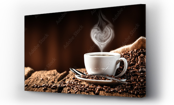  White Cup of Hot Coffee With Heart Shaped Steam On Old Weathered Table With Burlap Sack And Beans
