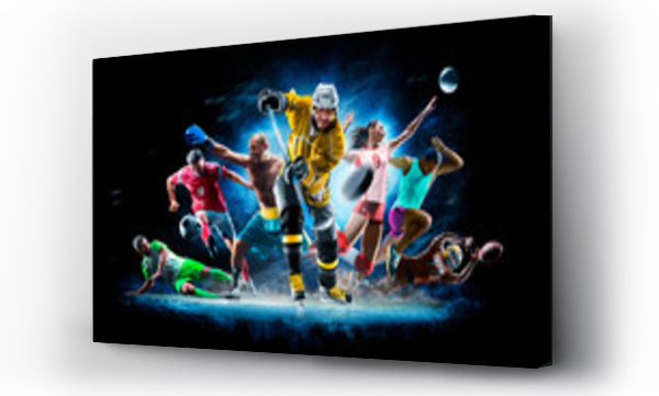 Multi sport kolaż piłka nożna boks piłka nożna voleyball hokej na czarnym tle