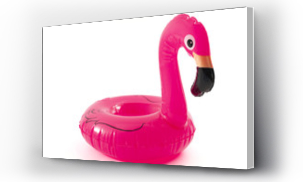 Wizualizacja Obrazu : #288085510 Beach relaxation, the fun and joy of learning to swim and happy summer conceptual idea with inflatable pink lifebuoy in the shape of a flamingo isolated on white background with clipping path cutout