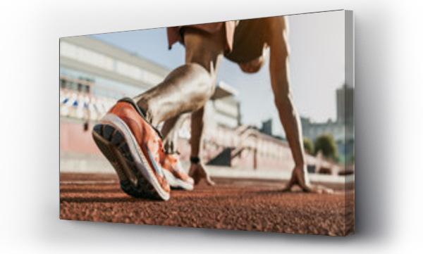 Wizualizacja Obrazu : #291475113 Zbliżenie na sportowca przygotowującego się do biegu na bieżni. Skupienie na trampkach