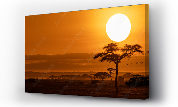 Wizualizacja Obrazu : #292255602 Pojazd Safari o pomarańczowym zachodzie słońca Poziomy baner internetowy