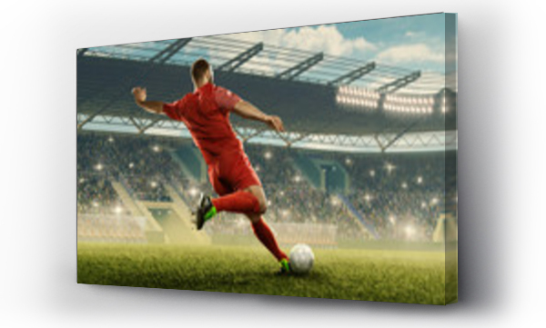 Wizualizacja Obrazu : #293339397 Piłkarz w akcji. Bieg z piłką. Stadion piłkarski z kibicami dopingującymi