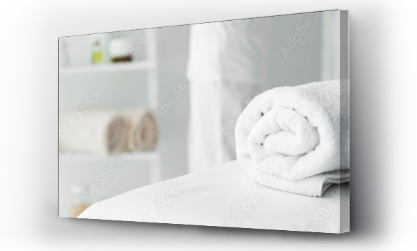 Wizualizacja Obrazu : #293576601 panoramic shot of white towel on massage mat in spa
