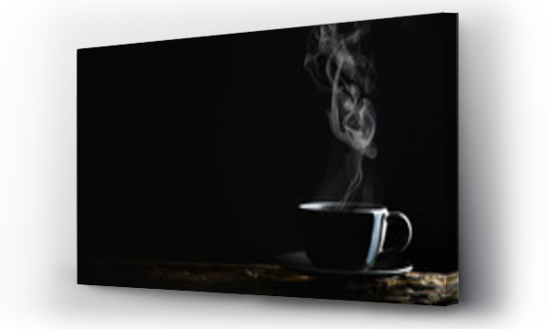 Wizualizacja Obrazu : #296237979 gorąca kawa, herbata lub czekolada w czarnym kubku na drewnianej desce
