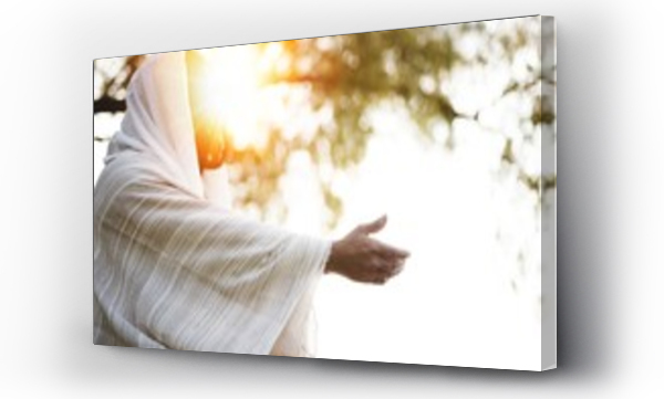 Wizualizacja Obrazu : #297720596 Scena biblijna - Jezus Chrystus podający rękę po pomoc z promieniami słońca świecącymi w pobliżu jego twarzy