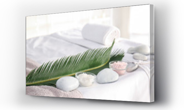 Wizualizacja Obrazu : #297759885 Sea salt with spa stones and tropical leaf in beauty salon