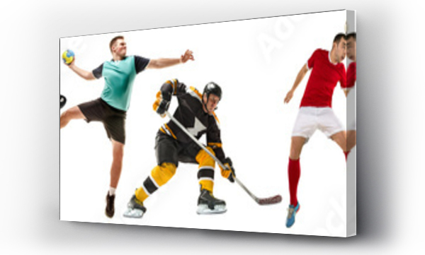 Kreatywny kolaż sportowych modeli biegania i skakania. Reklama, sport, zdrowy styl życia, ruch, aktywność, ruch koncepcji. Futbol amerykański, piłka nożna, tenis siatkówka pudełko badminton rugby
