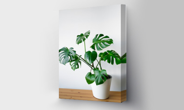 Wizualizacja Obrazu : #299235651 Beautiful monstera flower in a white pot stands on a wooden table on a white background. The concept of minimalism. Hipster scandinavian style room interior. Empty white wall and copy space.
