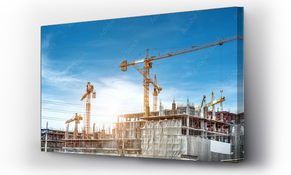 Wizualizacja Obrazu : #300135186 Panorama widok na pracowników pracuje na dużych budowach i wiele dźwigów pracuje w, Przemysł nowy biznes budowlany.