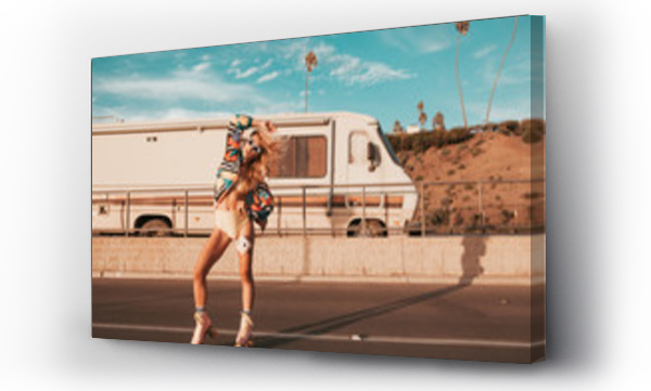 Wizualizacja Obrazu : #305946625 retro style skater girl with a camper van in the background. california lifestyle