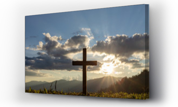 Wizualizacja Obrazu : #307241446 Silhouette cross on mountain at sunset background.Crucifixion Of Jesus Christ