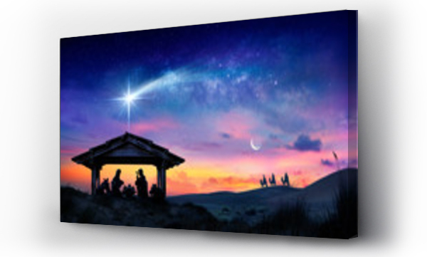 Wizualizacja Obrazu : #307425954 Narodzenie Jezusa - Scena z Świętą Rodziną z kometą o wschodzie słońca