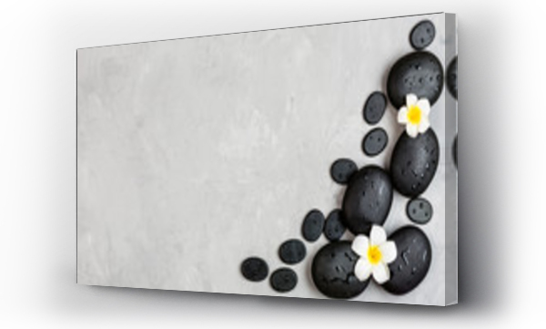 Wizualizacja Obrazu : #307788274 Top view of hot spa stones set for massage treatment on gray concrete background with copy space. Elegant and luxury spa. Flat lay, overhead, mock up, template. Health and beauty care concept