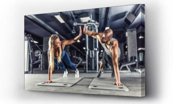 Wizualizacja Obrazu : #308728099 Sport couple doing plank exercise workout in fitness centrum. Man and woman practicing plank in the gym