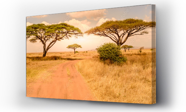 Game drive na polnej drodze z Safari samochodem w Parku Narodowym Serengeti w pięknej scenerii krajobrazu, Tanzania, Afryka