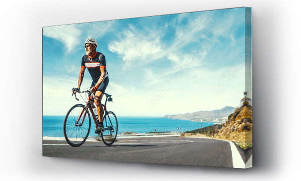 Wizualizacja Obrazu : #310766586 Mature Adult on a racing bike climbing the hill at mediterranean sea landscape coastal road