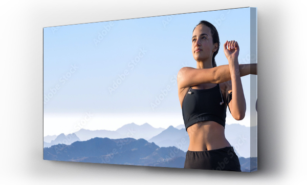 Wizualizacja Obrazu : #312061042 Młoda szczupła wysportowana dziewczyna w strojach sportowych z nadrukami węża wykonuje zestaw ćwiczeń. Fitness i zdrowy styl życia.