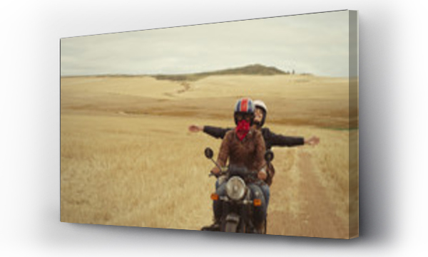 Wizualizacja Obrazu : #315239240 Exuberant young woman riding motorcycle in rural countryside