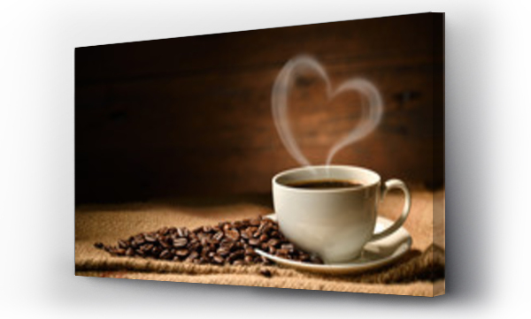 Filiżanka kawy z dymem w kształcie serca i ziarna kawy na worku burlap na starym drewnianym tle