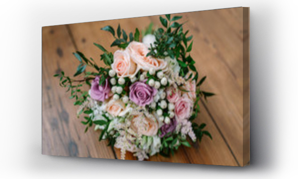 Wizualizacja Obrazu : #315407296 Beautiful delicate wedding bouquet with pink and white flowers and decorative green plants on wooden table