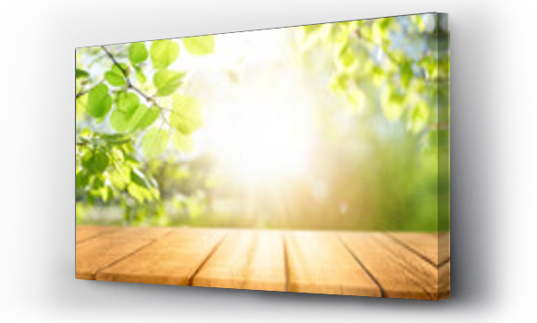 Wizualizacja Obrazu : #315903338 Spring beautiful background with green juicy young foliage and empty wooden table in nature outdoor. Natural template with Beauty bokeh and sunlight.