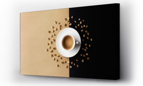 Wizualizacja Obrazu : #318813938 Filiżanka kawy i ziarna kawy na złotym czarnym tle. Kreatywny flat lay. Widok z góry.