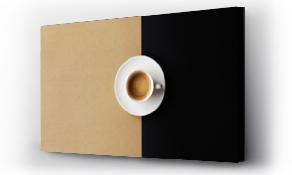 Wizualizacja Obrazu : #318813967 Filiżanka kawy na złotym czarnym tle. Minimalistyczny flat lay. Widok z góry.