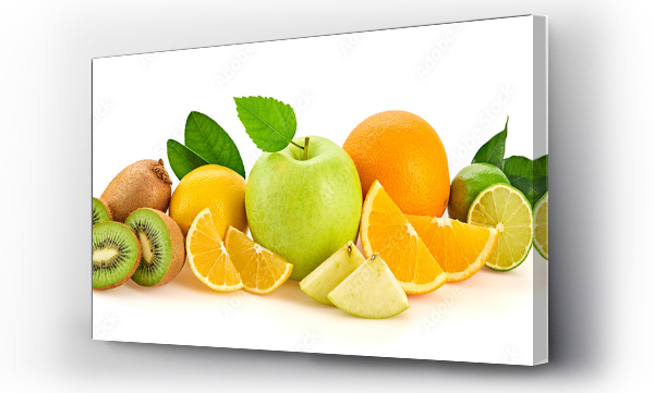 Wizualizacja Obrazu : #318966630 Fresh fruits healthy diet concept. Raw mixed vegan juicy food background, green apple, orange isolated on white. Variety of fresh citrus fruit for detox juice or smoothie.